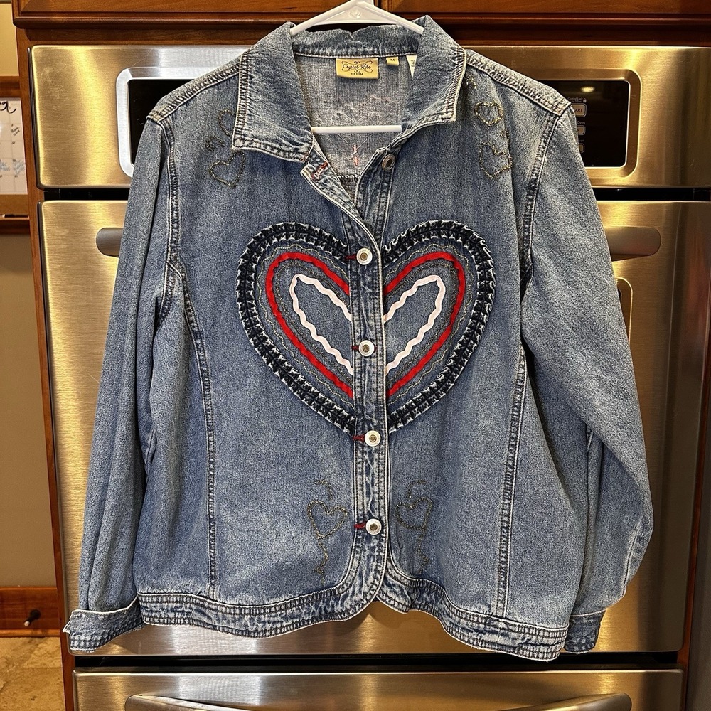 Crystal Kobe Ribbon Heart Denim Jacket Womens Size Medium Blue Embellished Y2K